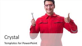  Presentation with technical service - Cool new slides with technical service - young handsome man with wrench backdrop and a white colored foreground
