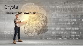  Presentation with builder - Amazing slides having technical service - young man builder examing project backdrop and a  colored foreground