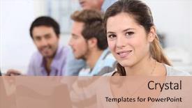  Presentation with class - Slide set consisting of technical support - brunette student sat next background and a coral colored foreground