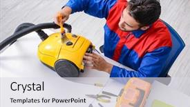  Presentation with vacuum cleaner robot - Beautiful presentation design featuring technical support - man repairman repairing vacuum cleaner backdrop and a sky blue colored foreground