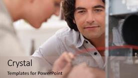  Presentation with maintenance of computer - Audience pleasing theme consisting of technical support - woman repairing computer backdrop and a coral colored foreground