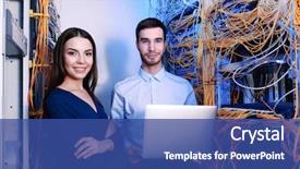  Presentation with server room - Colorful PPT layouts enhanced with technical support - young engineers with laptop backdrop and a ocean colored foreground