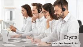  Presentation with managers - Slide deck with technical writing - consulting managers with headsets background and a light gray colored foreground