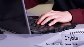  Presentation with laptop - PPT theme with technical writing - hands of a young man background and a light blue colored foreground