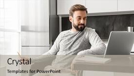  Presentation with young man holdng laptop on lap money - Beautiful PPT layouts featuring technical writing - photo of caucasian man 30s backdrop and a light gray colored foreground