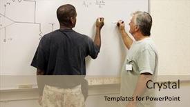  Presentation with teacher and student - PPT theme consisting of technical writing - student and teacher working equations background and a coral colored foreground