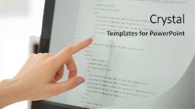  Presentation with technical - Colorful slide set enhanced with technical writing - woman pointing at computer monitor backdrop and a light gray colored foreground