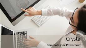  Presentation with working woman - Beautiful PPT layouts featuring technical writing - woman programmer working at office backdrop and a mint green colored foreground