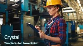  Presentation with factory - Theme having technical writing - young woman making notes background and a navy blue colored foreground