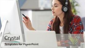  Presentation with office moves - Beautiful presentation theme featuring technical writing - young woman programmer working backdrop and a light gray colored foreground