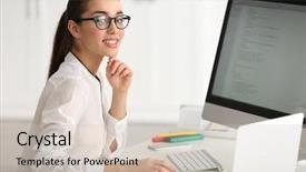  Presentation with working - Colorful presentation theme enhanced with technical writing - young woman working at office backdrop and a soft green colored foreground