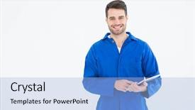  Presentation with mechanic tablet - Amazing PPT theme having technician - portrait of happy young male backdrop and a light blue colored foreground