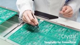  Presentation with electronic components - PPT theme consisting of technician assembling electronic product by inserting components into board on manufacturing line background and a teal colored foreground