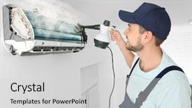  Presentation with conditioner - Colorful presentation design enhanced with technician cleaning air conditioner indoors backdrop and a light gray colored foreground
