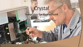  Presentation with electrical energy electric power lines - PPT theme consisting of technician fixing computer hard-drive background and a coral colored foreground