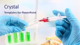  Presentation with blood test - Amazing PPT theme having technician injecting blood sample backdrop and a sky blue colored foreground