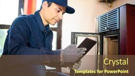  Presentation with pellet - Cool new PPT theme with technician-maintaining-a-pellet-stow backdrop and a tawny brown colored foreground