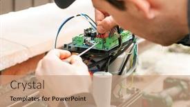  Presentation with annual function - PPT theme consisting of technician-man-installing-and-checking background and a coral colored foreground