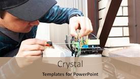  Presentation with annual function - Cool new slide deck with technician-man-installing-and-checking backdrop and a coral colored foreground