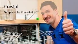  Presentation with plumber - Beautiful PPT theme featuring technician or plumber repairing the dishwasher in a household backdrop and a lemonade colored foreground