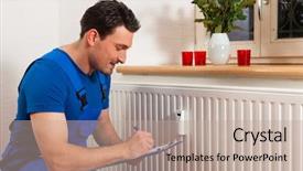  Presentation with energy meter - Audience pleasing slide deck consisting of technician reading the heat meter backdrop and a mint green colored foreground