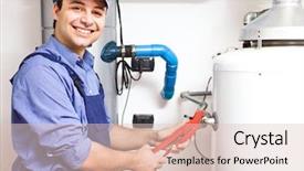  Presentation with save water shower head - Cool new theme with technician repairing an hot-water backdrop and a lemonade colored foreground