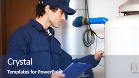  Presentation with save water shower head - PPT theme with technician repairing an hot-water background and a ocean colored foreground