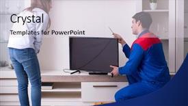  Presentation with home - PPT layouts enhanced with technician repairing tv at home background and a sky blue colored foreground