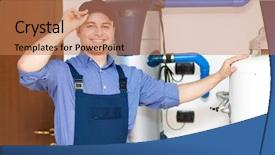  Presentation with save water shower head - Presentation theme enhanced with technician servicing an hot-water background and a coral colored foreground