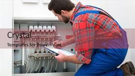  Presentation with service technician - Colorful PPT layouts enhanced with technician servicing the underfloor heating backdrop and a violet colored foreground