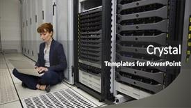  Presentation with server - Slides consisting of technician sitting on floor beside server tower using laptop in large data center background and a dark gray colored foreground
