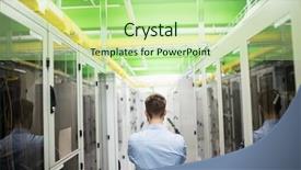  Presentation with server room - PPT theme consisting of technician standing in hallway of server room background and a mint green colored foreground