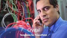  Presentation with cables - Cool new slides with technician talking on mobile phone while checking cables in a rack mounted server backdrop and a ocean colored foreground