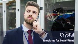  Presentation with server room - Beautiful presentation featuring technician talking on mobile phone in server room backdrop and a navy blue colored foreground