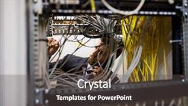  Presentation with cables - Audience pleasing PPT theme consisting of technician talking on mobile phone while checking cables in a rack mounted server backdrop and a dark gray colored foreground