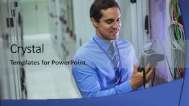  Presentation with server room - PPT theme with technician using digital cable analyzer in server room background and a light gray colored foreground