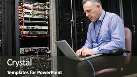  Presentation with server room - Slide deck having technician using laptop in server background and a dark gray colored foreground