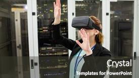  Presentation with virtual reality - Presentation design enhanced with technician using virtual reality headset background and a  colored foreground