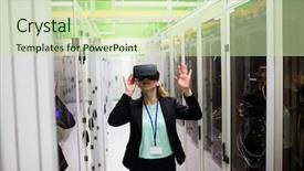  Presentation with virtual reality shooter - Presentation design enhanced with technician using virtual reality headset background and a soft green colored foreground