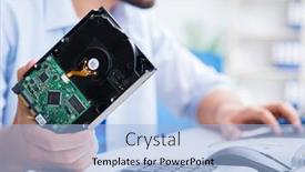  Presentation with hard disk drive - PPT layouts consisting of technician-with-broken-hard-drive background and a light blue colored foreground
