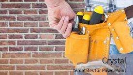  Presentation with red brick wall - Colorful presentation design enhanced with technician with tool belt backdrop and a yellow colored foreground