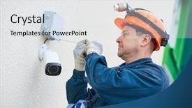  Presentation with video surveillance - Beautiful PPT theme featuring technician worker installing video surveillance backdrop and a sky blue colored foreground