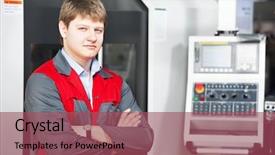  Presentation with cnc machining - Presentation enhanced with technician worker near modern cnc background and a violet colored foreground