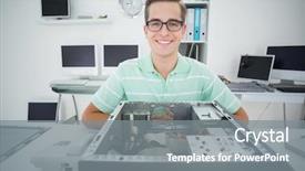  Presentation with hardware computer - PPT theme featuring technician working on broken computer background and a gray colored foreground