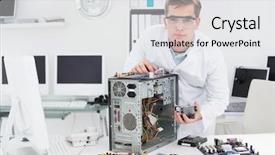  Presentation with electronics - Slides consisting of electronics screws - young technician working on broken background and a white colored foreground