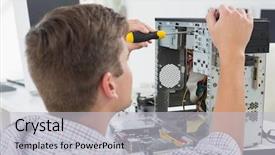  Presentation with computer - Cool new PPT theme with technician working on broken computer backdrop and a light gray colored foreground