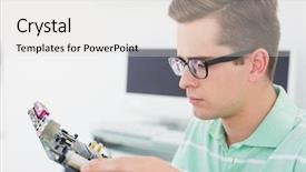  Presentation with cpu - Beautiful presentation featuring technician working on broken cpu in his office backdrop and a light gray colored foreground