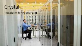  Presentation with server room - Presentation theme having technician working on laptop in server room background and a yellow colored foreground