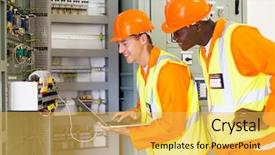  Presentation with industrial automation control panel - Amazing theme having technicians checking control box status backdrop and a yellow colored foreground