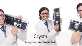  Presentation with medical equipment - Presentation having technicians repairing medical equipment - it technician in security concept background and a  colored foreground